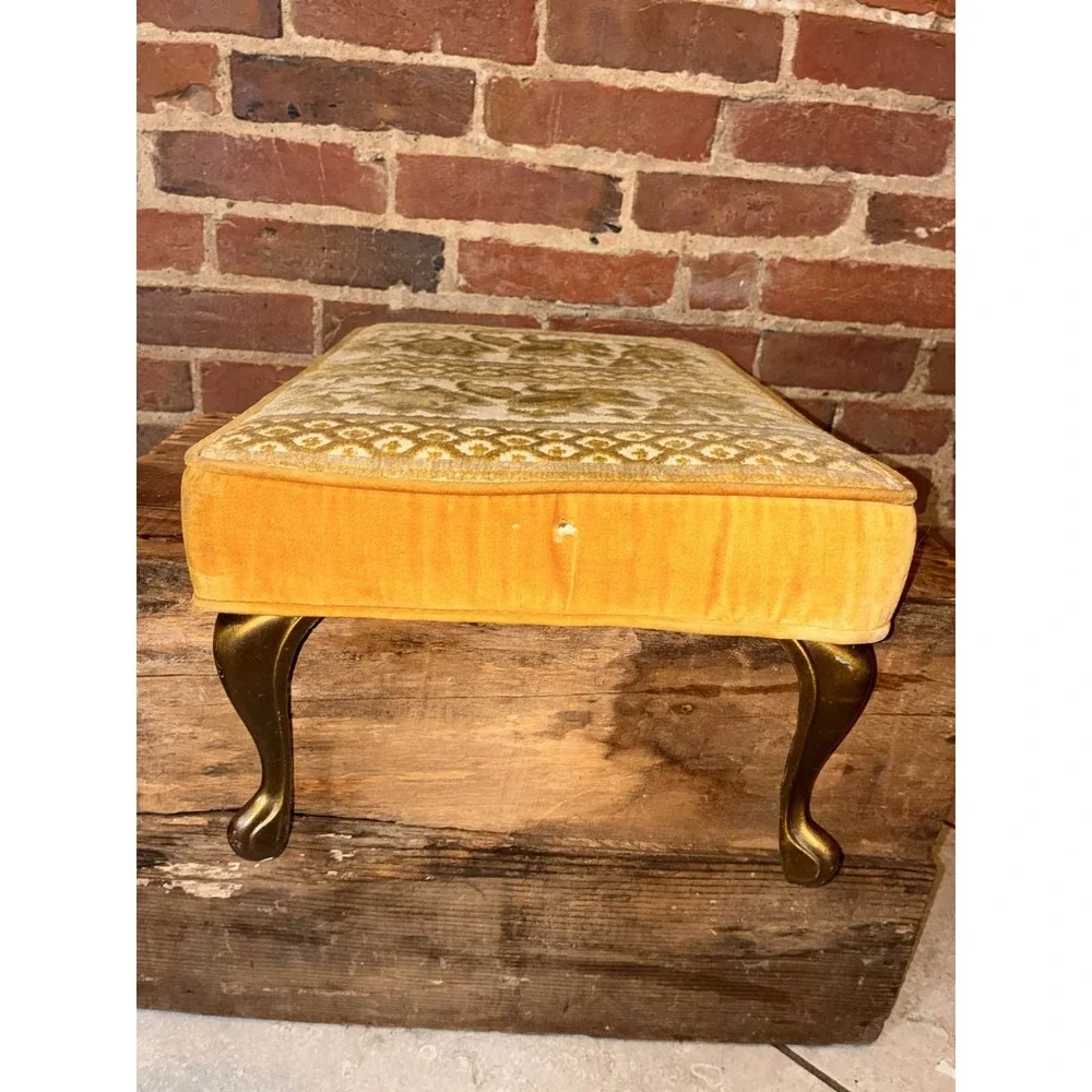 MCM Small Gold Cut‎ Velvet Brass Leg Footstool Ottoman